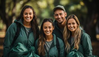 ai generato gruppo di giovane adulti sorridente e escursioni a piedi nel natura insieme generato di ai foto