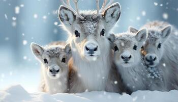 ai generato carino bambino cervo guardare a telecamera nel nevoso foresta generato di ai foto