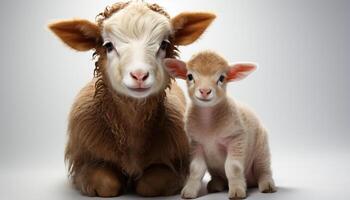 ai generato carino agnello e capra guardare a telecamera su azienda agricola generato di ai foto