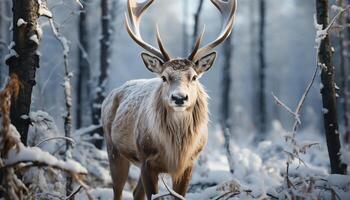 ai generato carino cervo nel inverno foresta, nevicando, tranquillo paesaggio generato di ai foto