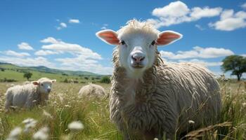 ai generato carino pecora pascolo su verde prato, natura innocente bellezza generato di ai foto