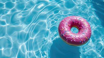ai generato rilassare nel il estivo vibrazioni con un' ciambella galleggiante nel un' luminosa nuoto piscina, ai generato foto