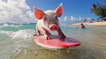 ai generato un' carino maiale surfer gode un' pieno di divertimento estate giorno a il spiaggia, equitazione onde con entusiasmo, ai generato. foto