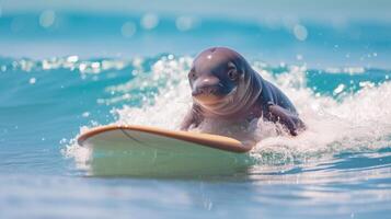 ai generato un' carino dugongo surfer gode un' pieno di divertimento estate giorno a il spiaggia, equitazione onde con entusiasmo, ai generato. foto