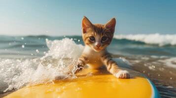 ai generato un' carino gattino surfer gode un' pieno di divertimento estate giorno a il spiaggia, equitazione onde con entusiasmo, ai generato. foto