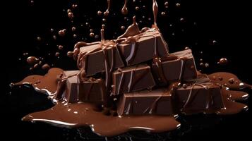 ai generato fuso cioccolato gocce su cioccolato pezzi, nero sfondo. decadente fascino, ai generato. foto