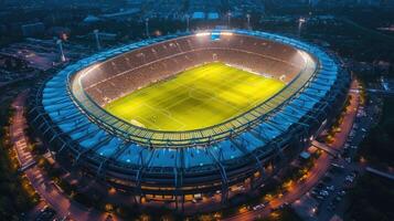 ai generato aereo Visualizza di un' calcio stadio nel il sera un' travolgente gli sport panorama. crepuscolo fascino, ai generato. foto