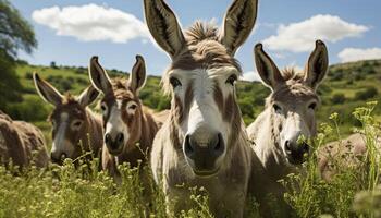 ai generato carino asino pascolo nel verde prato, circondato di bestiame generato di ai foto