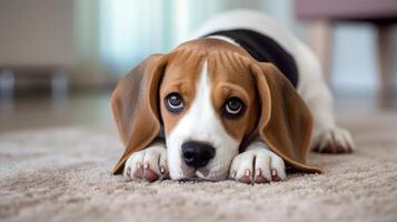 ai generato carino beagle riposa su un' bianca tappeto, portando calore e fascino per il vivente camera, ai generato. foto