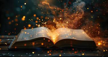 ai generato Aperto libro emette scintille, accensione immaginazione con ardente letterario Magia, ai generato. foto