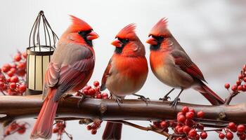 ai generato un' carino maschio settentrionale cardinale perching su un' nevoso ramo generato di ai foto