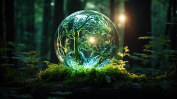 ai generato raggiante globo di fantasia riposa nel incantata foresta, evocando Magia e meraviglia. ai generato foto