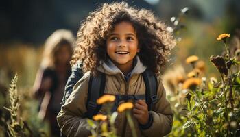 ai generato sorridente bambino gode natura, felicità nel all'aperto avventura con amici generato di ai foto