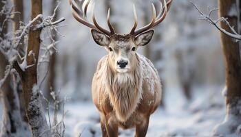 ai generato carino cervo nel inverno foresta, guardare a telecamera, nevoso paesaggio generato di ai foto