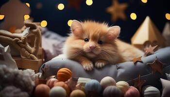 ai generato carino gattino giocando con giocattolo, circondato di Natale decorazioni generato di ai foto