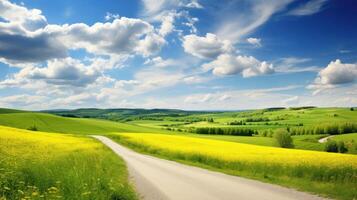 ai generato un' bellissimo paesaggio si svolge con un' strada avvolgimento attraverso i campi sotto un' blu cielo ornato con soffice nuvole. ai generato. foto