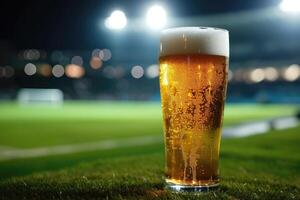 ai generato freddo birra nel un' bicchiere, impostato contro un' calcio stadio sfondo. rinfrescante ambiente. ai generato. foto