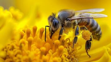 ai generato ape raccolta giallo fiore polline, esso si aggrappa per suo corpo. ai generato foto