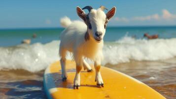 ai generato un' carino capra surfer gode un' pieno di divertimento estate giorno a il spiaggia, equitazione onde con entusiasmo, ai generato. foto