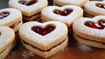 ai generato a forma di cuore San Valentino giorno marmellata biscotti, un' dolce simbolo di amore e affetto, ai generato. foto