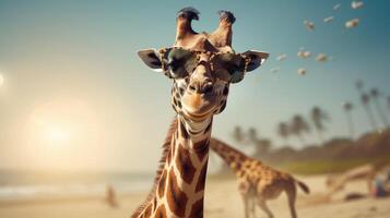 ai generato Esperienza il intensità di un giraffa saltare su il spiaggia nel un' sbalorditivo avvicinamento foto, ai generato. foto