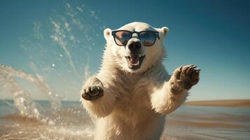 ai generato avventuroso polare orso salti su il spiaggia, in mostra freddo occhiali da sole, artico vibrazioni incontrare costiero elegante, ai generato. foto