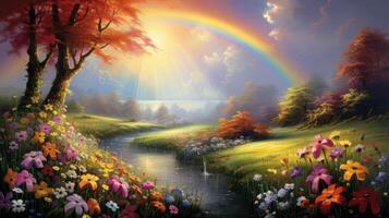 ai generato un' sognante paesaggio si svolge con colorato fiori, un' arcobaleno, e scintillante gocce di pioggia, la creazione di un' magico scena. ai generato. foto