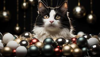 ai generato carino gattino fissando a telecamera, giocoso con Natale palla generato di ai foto