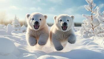 ai generato giocoso cucciolo in esecuzione nel il neve, con gioia chasing un' giocattolo generato di ai foto