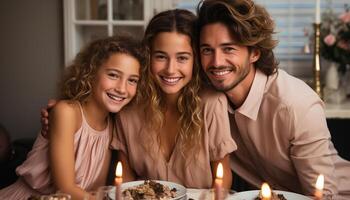 ai generato contento famiglia festeggiare compleanno con torta, amore e gioia generato di ai foto