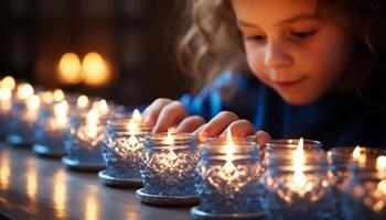 ai generato un' carino ragazza Tenere un' candela, Meditare nel lume di candela generato di ai foto