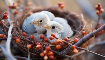 ai generato carino bambino uccello tratteggio su ramo, natura nuovo vita generato di ai foto