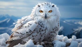 ai generato maestoso aquila gufo perching su nevoso montagna, guardando a telecamera generato di ai foto