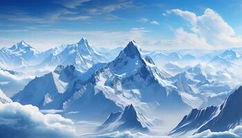 ai generato maestoso montagna picco, neve coperto paesaggio, blu cielo, tranquillo natura generato di ai foto