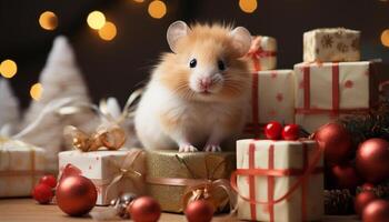 ai generato carino animale guardare a regalo scatola sotto Natale albero generato di ai foto