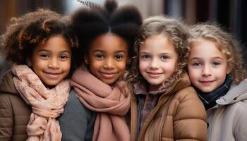 ai generato sorridente figli, allegro ragazze e ragazzi, carino ritratto di infanzia generato di ai foto