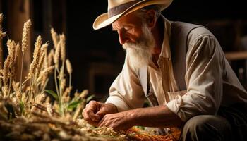 ai generato anziano uomini Lavorando all'aperto su un' azienda agricola, raccolta biologico cibo generato di ai foto