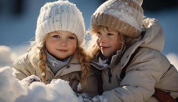 ai generato sorridente bambino all'aperto nel inverno, felicità nel carino neve generato di ai foto