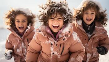 ai generato sorridente bambini giocando all'aperto nel inverno, ridendo e avendo divertimento generato di ai foto