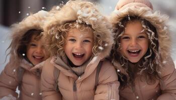 ai generato sorridente bambino, allegro ragazze, felicità nel inverno, carino divertimento ragazzi generato di ai foto