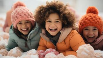 ai generato sorridente bambini giocando all'aperto nel inverno, godendo famiglia solidarieta generato di ai foto