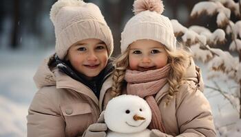 ai generato sorridente bambino giocando nel il neve, Abbracciare una persona sorella con amore generato di ai foto