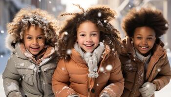 ai generato sorridente bambini giocando all'aperto nel inverno, Abbracciare una persona il neve generato di ai foto