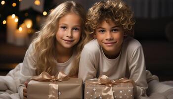 ai generato sorridente bambini Tenere regalo, festeggiare Natale con amore e gioia generato di ai foto