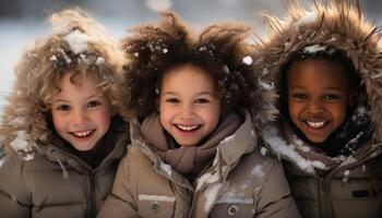 ai generato sorridente bambini giocando nel il neve, allegro inverno divertimento all'aperto generato di ai foto
