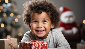 ai generato sorridente bambino Tenere regalo, guardare a telecamera, Natale celebrazione generato di ai foto