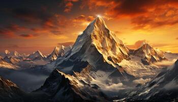 ai generato maestoso montagna picco, neve coperto paesaggio, tramonto vernici natura bellezza generato di ai foto