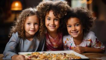 ai generato sorridente ragazze, allegro ragazzi, carino bambino, felicità al chiuso, solidarieta generato di ai foto