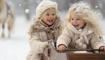 ai generato sorridente bambino giocando nel il neve, allegro inverno divertimento all'aperto generato di ai foto