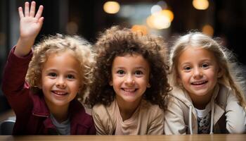 ai generato sorridente bambini giocando, apprendimento, bonding gioioso, innocente, insieme generato di ai foto